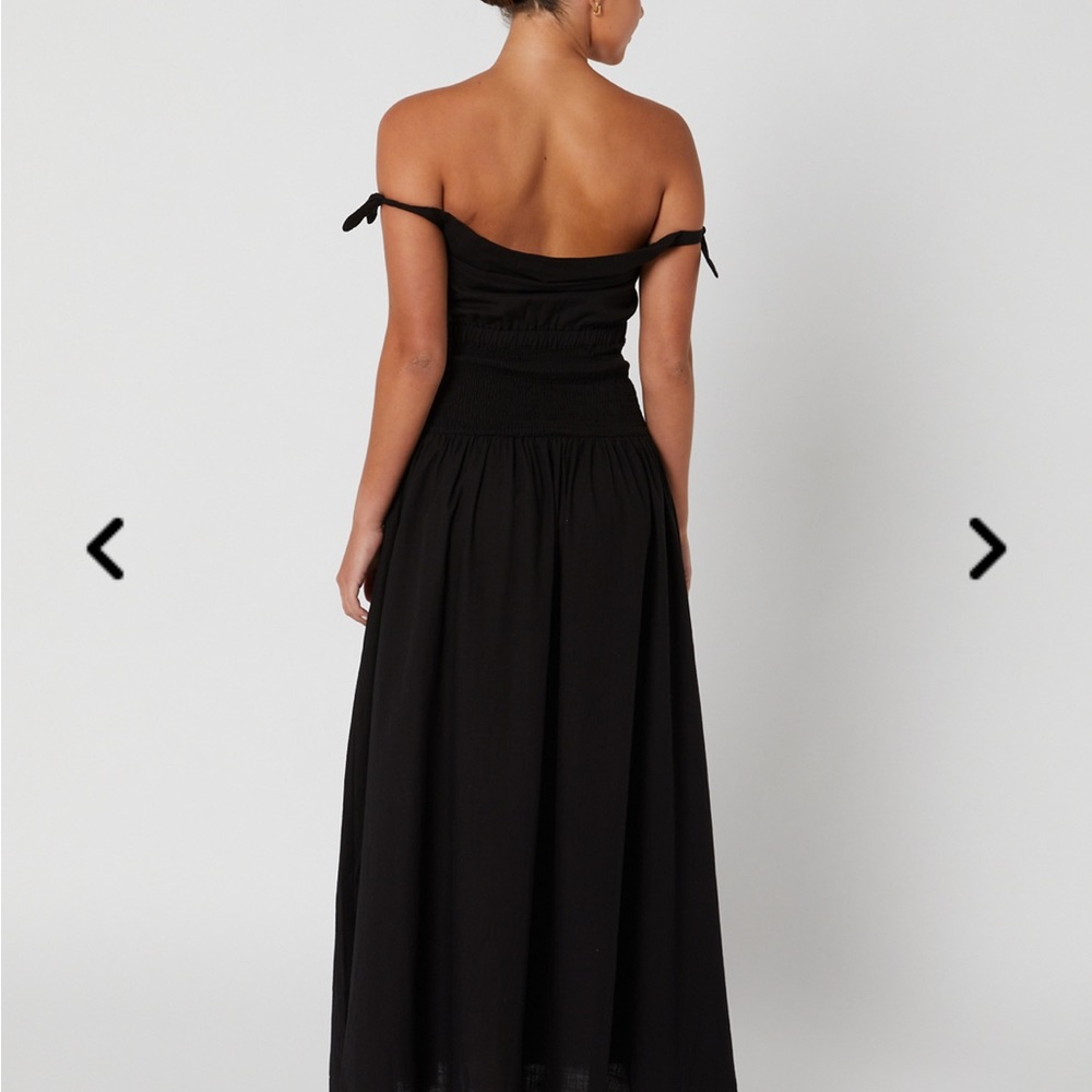 Black drop-waist, off-the-shoulder boatneck maxi